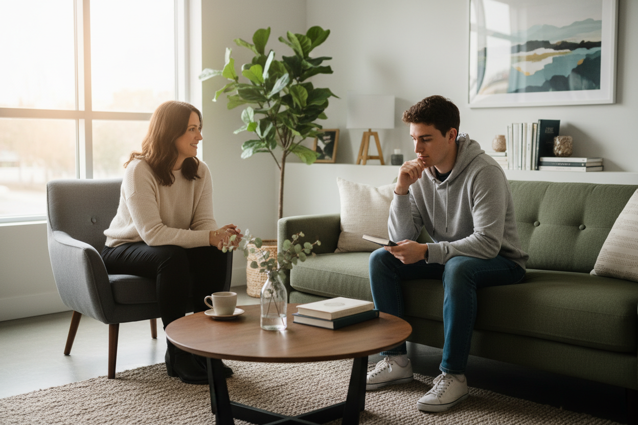 a therapist with a college aged student 