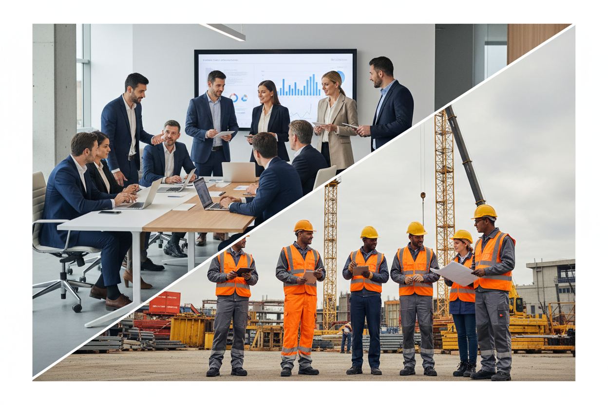 please show a diverse team of corporate people working and then split diagonally on the other side is a blue collar diverse team of workers