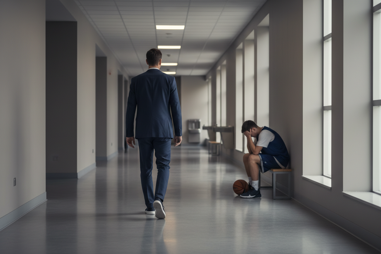Coach walking toward a basketball player sitting alone in a hallway after a loss