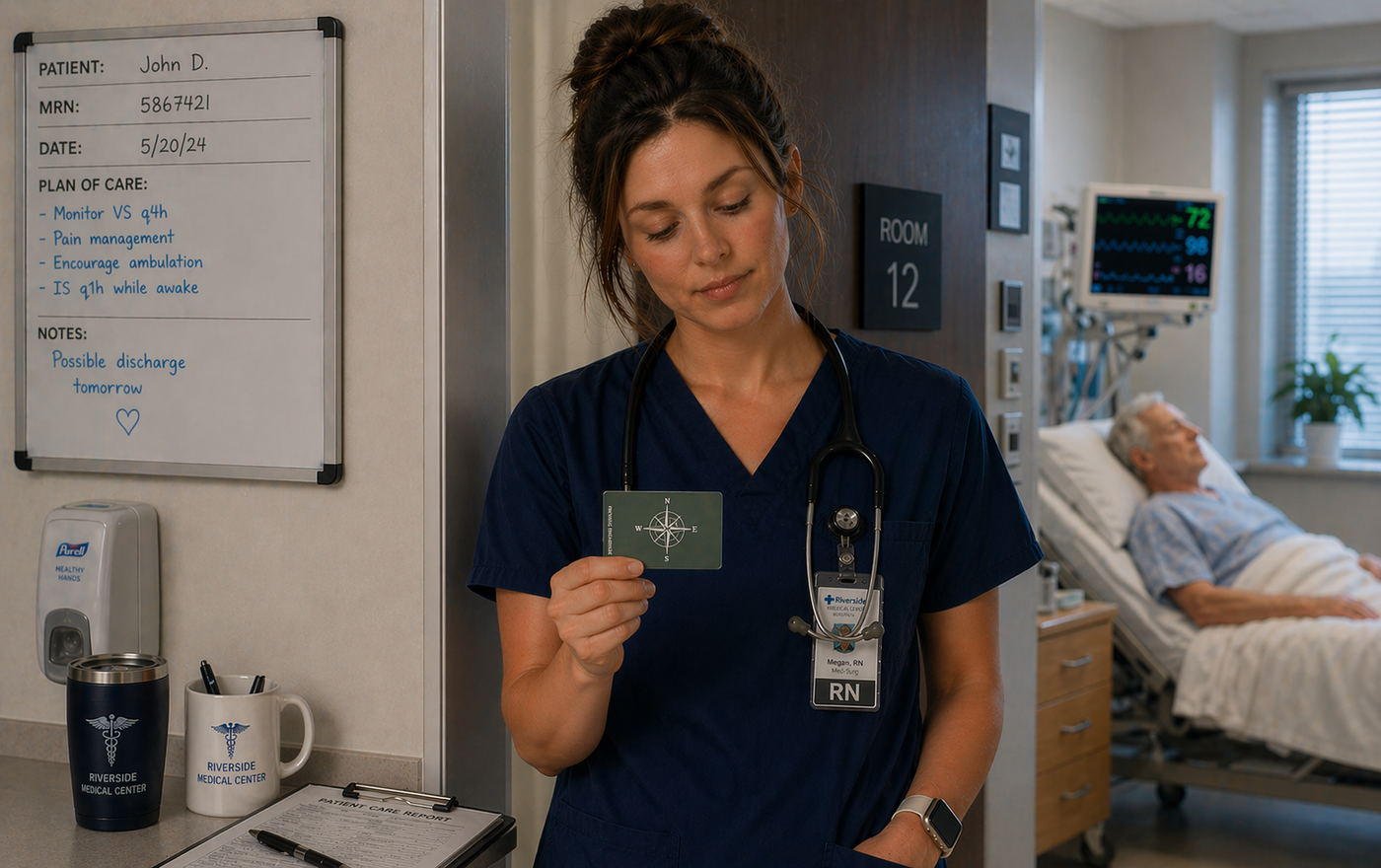The Provider — Holding the Compass card, she pauses for a moment between patients. It offers a quiet sense of direction when the day feels heavy, helping her reconnect to what matters, steady her focus, and move forward with intention rather than exhaustion.